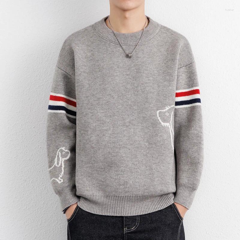 Designer Brand Sweater Men's Trendy Dog Printed Personalized Color Stripe Couple's Casual Warm Round Neck Knitted Pullover