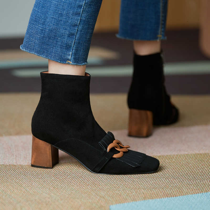 Otoño primavera botas nuevo 2021 mujeres botines zapatos de gamuza mujer punta cuadrada cadena cremallera lateral nueva oficina femenina tacones gru