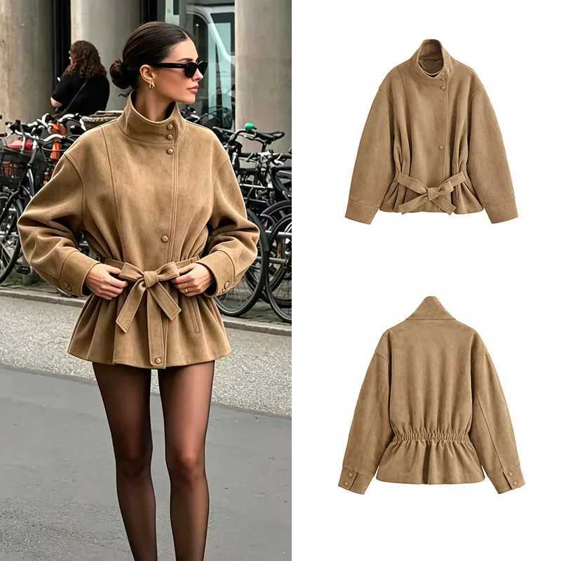 Suede Women's Jackets SLTNX Neck Jacket Solid Single Breasted Long Sleeve Belt Waisted Loose Coat Women Autumn Winter Casual Fashion Streetwear