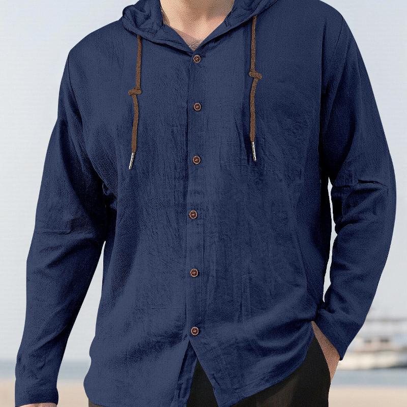 Chemise à capuche à manches longues pour homme avec cordon de serrage réglable et bouton sur le devant, coupe ample, haut de style ouvert avec ch