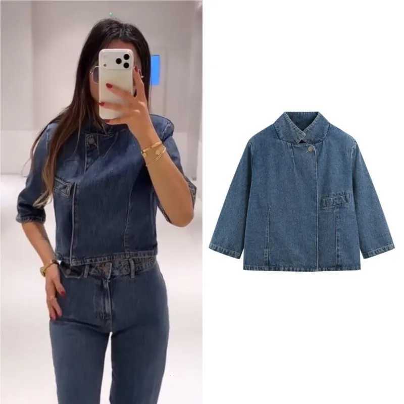 Women's Jackets Women's Denim Jackets Autumn New Stand Neck Short Sleeve Pocket Buttons Coats Casual Fashion Female Vintage Outerwear Chic