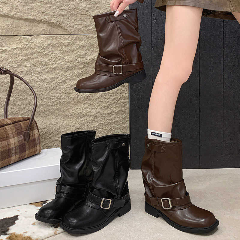2026 Vaqueros de estilo occidental, botines de talla grande, botas gruesas para mujer, botas de montar con tacón grueso y punta redonda, botas Marti