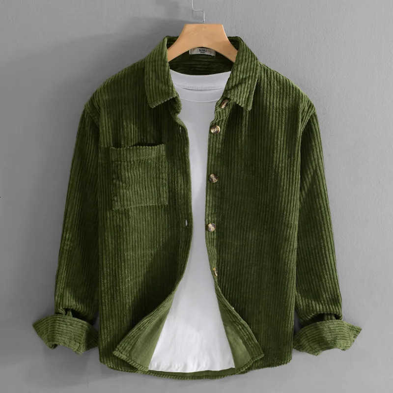 Wear Men's Casual Shirts Men's Corduroy Long Sleeve Shirt 100% Cotton Casual Youth Vintage Army Green Workwear Thickened Single-Breasted C