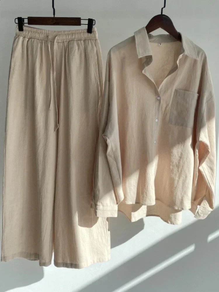 Summer Trend Cotton and Linen Shirt Suit High Waist Loose Trousers Elegant Women Sets Two Piece Set for Women 260920