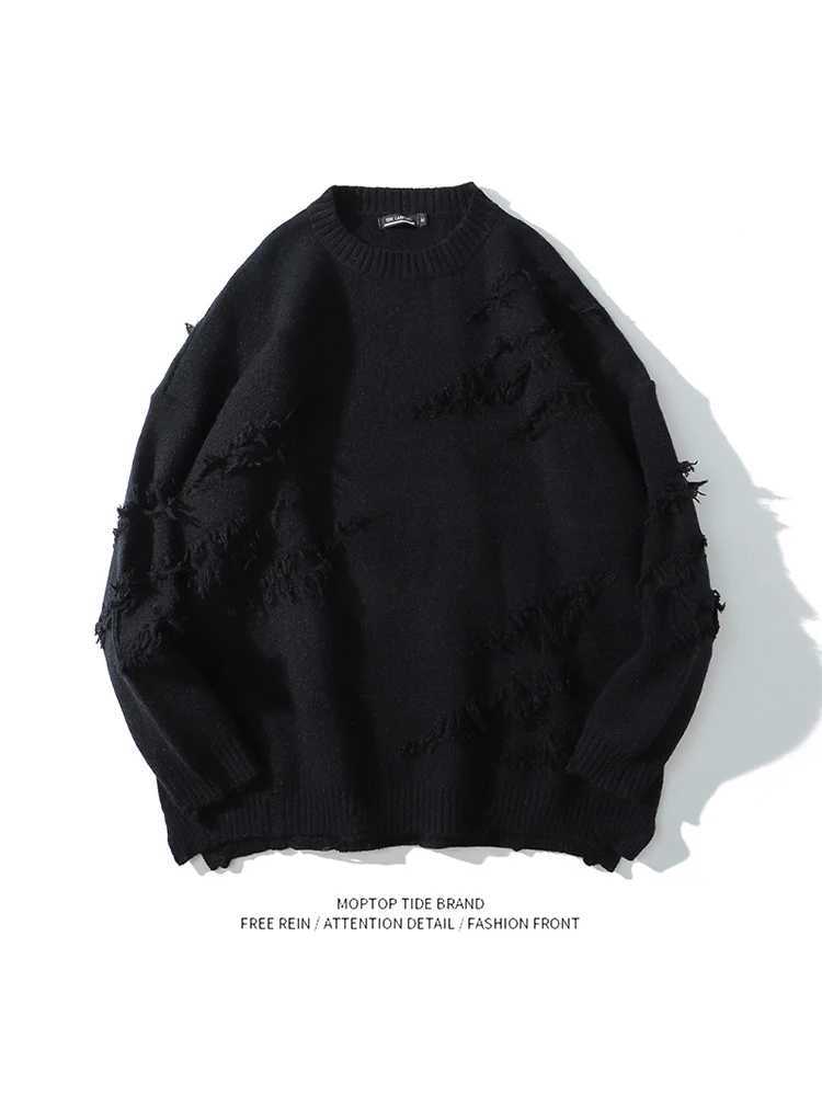 Trendy Autumn Winter Knitted Sweater Unisex Hole Design Versatile Casual American Style Japanese Retro Sweater Knitwear S2609210N07