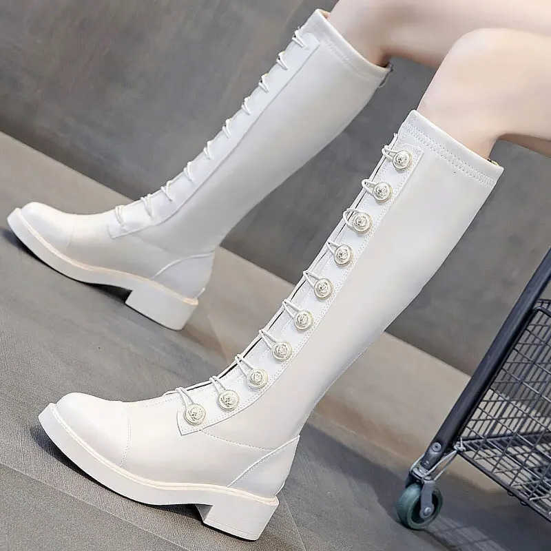 for Boots Middle Heel Shoes Woman Elastic Round Toe Women's Boots Footwear Long New Rock Winter Knee High Shaft Quality Novelty H260921