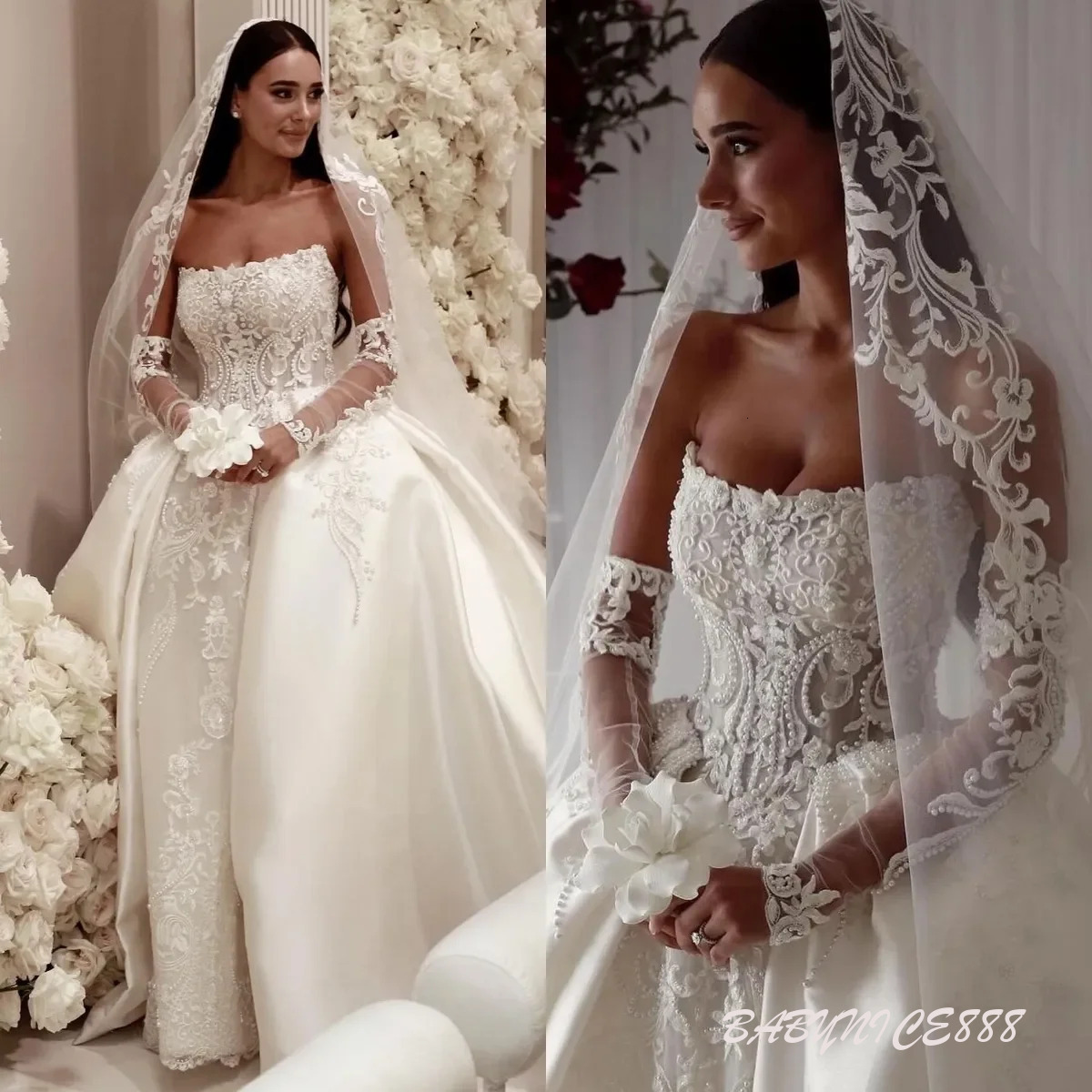 Luxury Arabic A-line Wedding Dress Sexy Backless Strapless Lace Bridal Dress Detachable Long Sleeve Sexy Robes de soiree Customized 917