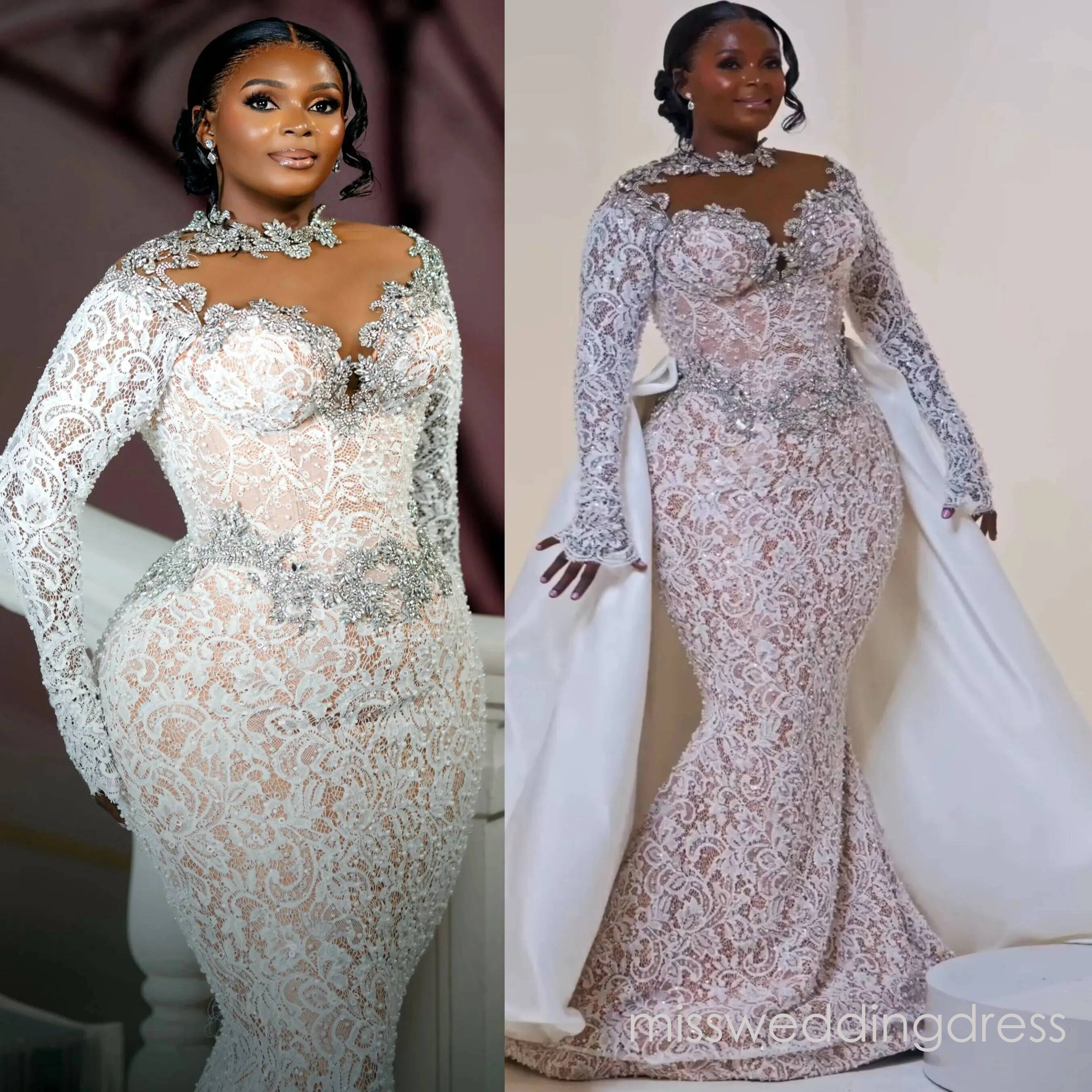 Chic Inspired Ivory Mermaid Wedding Dresses Beaded Crystals Illusion Floral Lace Detachable Train Vintage Elegant Charming Bridal Gowns Dress Z Bd92