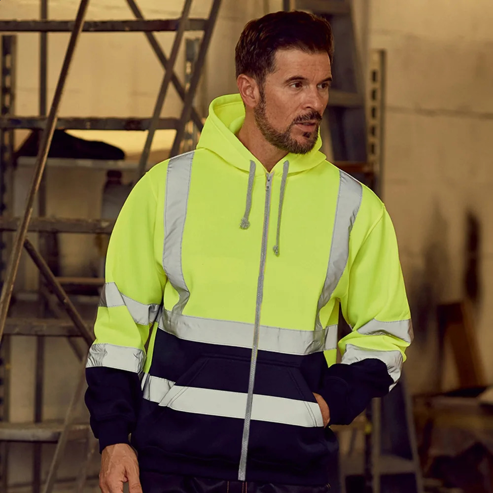 Sudadera con capucha de seguridad reflectante de 360 ° Forro polar Chaqueta de trabajo con cremallera de color en contraste Construcción Mantenimi