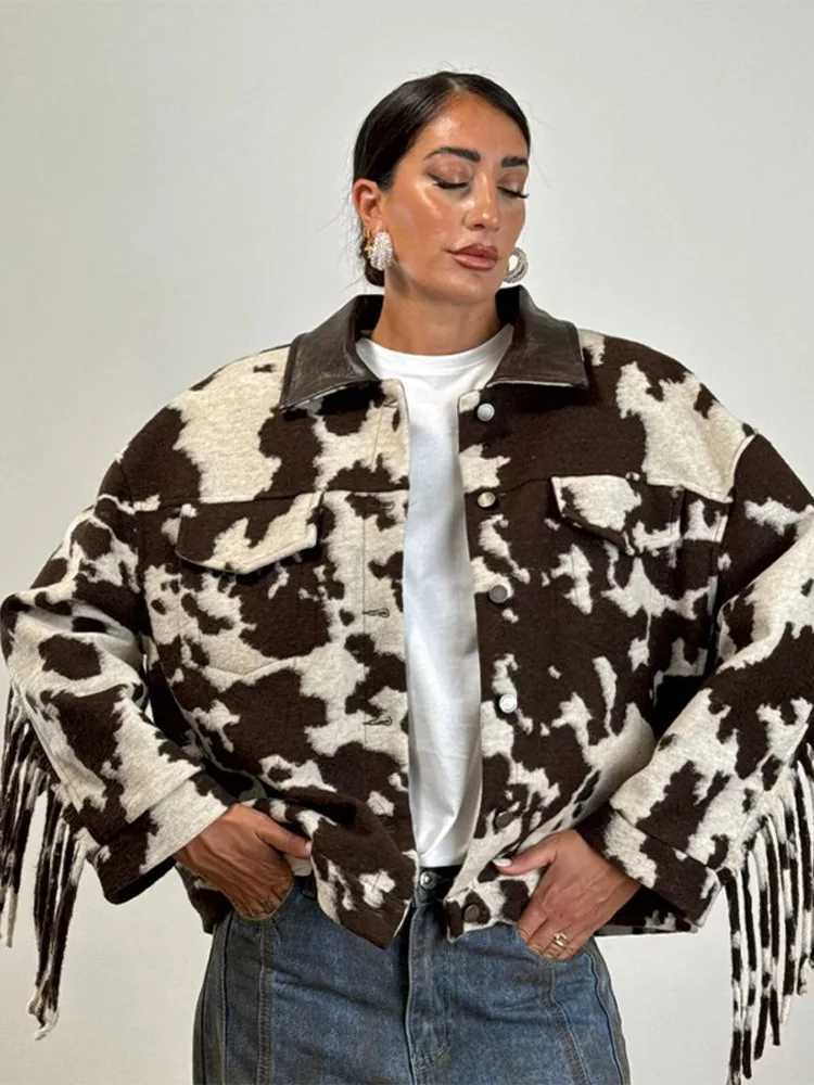 Women's Jackets Women Fashion Cow Print Tassel Short Coat Casual Long Sleeve Lapel V-neck Single Breasted Jacket 2026 Lady Spring Autumn Outwea