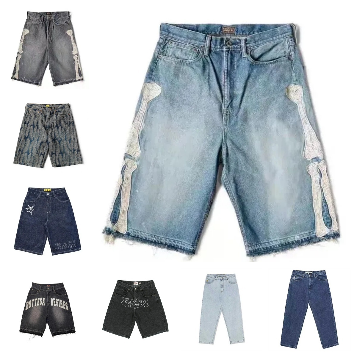 KAPITAL Retro Bone Denim Shorts Men Blue Dyed Loose Rivet Inlaid Gemstone Y2K Oversized Cotton Jeans Jorts q8
