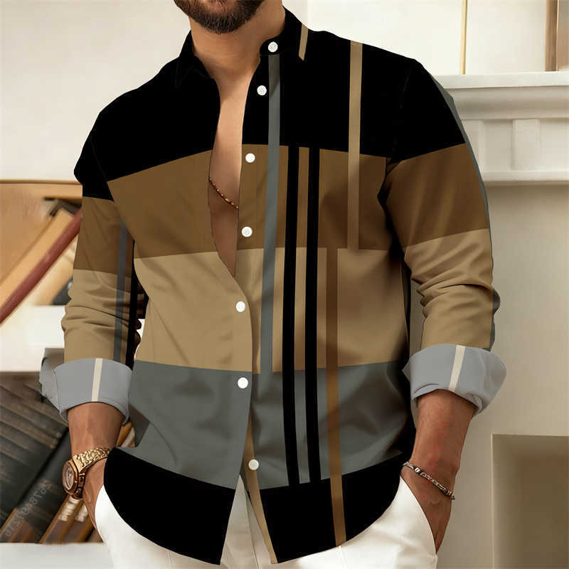 Casual Shirts Men's Color-Blocked Men's Striped Long-Sleeve Shirt Retro Style Business Casual Shirt Slim Fit Men's Trendy Top Sizes S