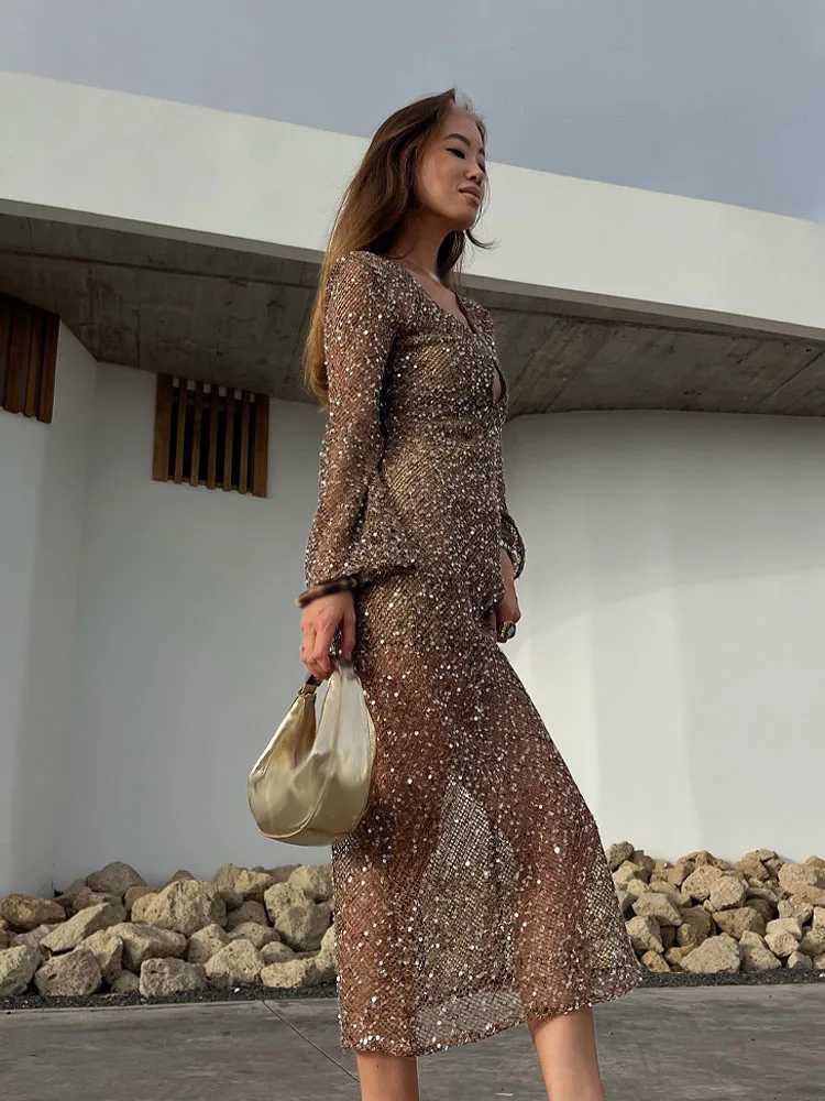 HH Women Fashion Beach Style Long Slves Sequin Decoration Hollow Long Dress Women's Summer Loose V-Neck Midi Dresses T260829