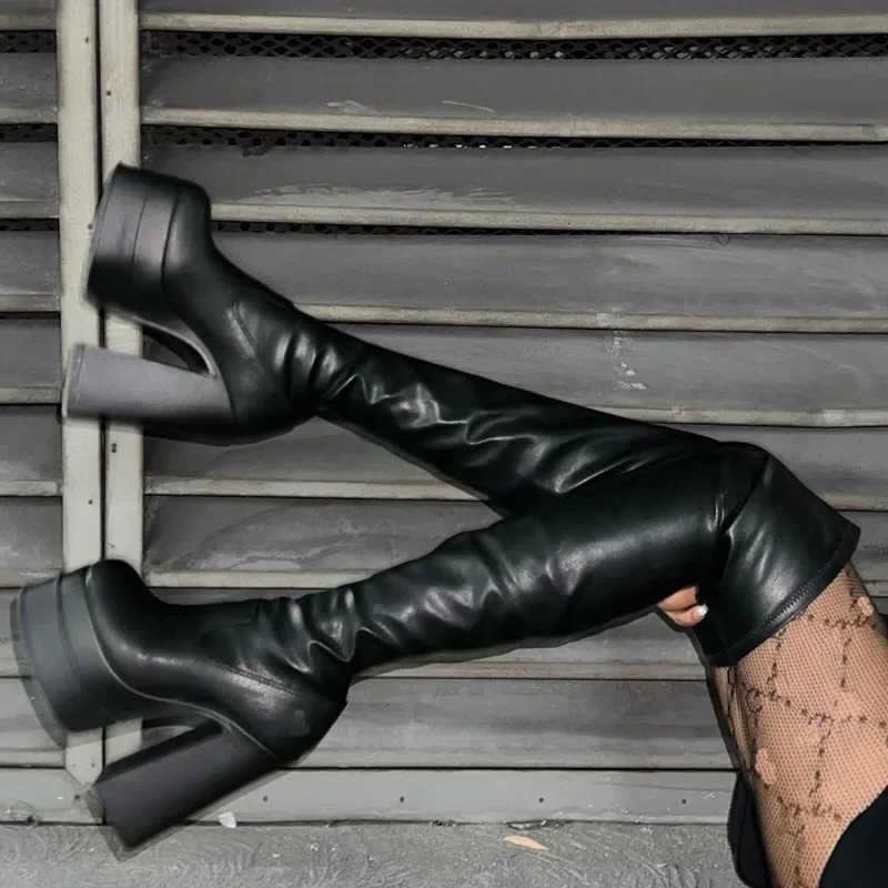 Botas altas Bonjomarisa Botas hasta el muslo para mujer Bloque de plataforma doble Tacones altos Botas por encima de la rodilla Zip Zapatos largos s