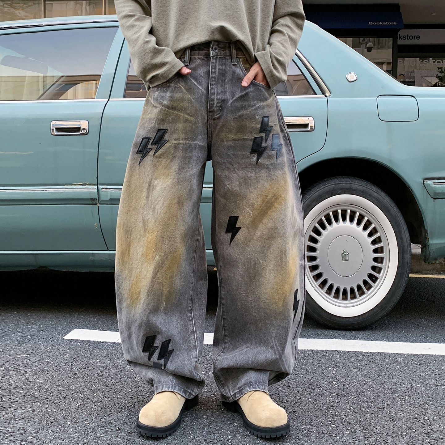 New Street-Style Lightning Denim Jeans for Men, Loose Straight-Leg Long Pants, Trendy Washed Wide-Leg Trousers 26L0921