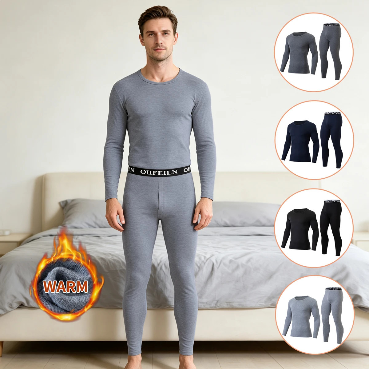 Men's Autumn/Winter Warm Underwear Set Solid Color Multi Color Round Neck Long Sleeve Top Letter Elastic Waist Casual Pants 260920