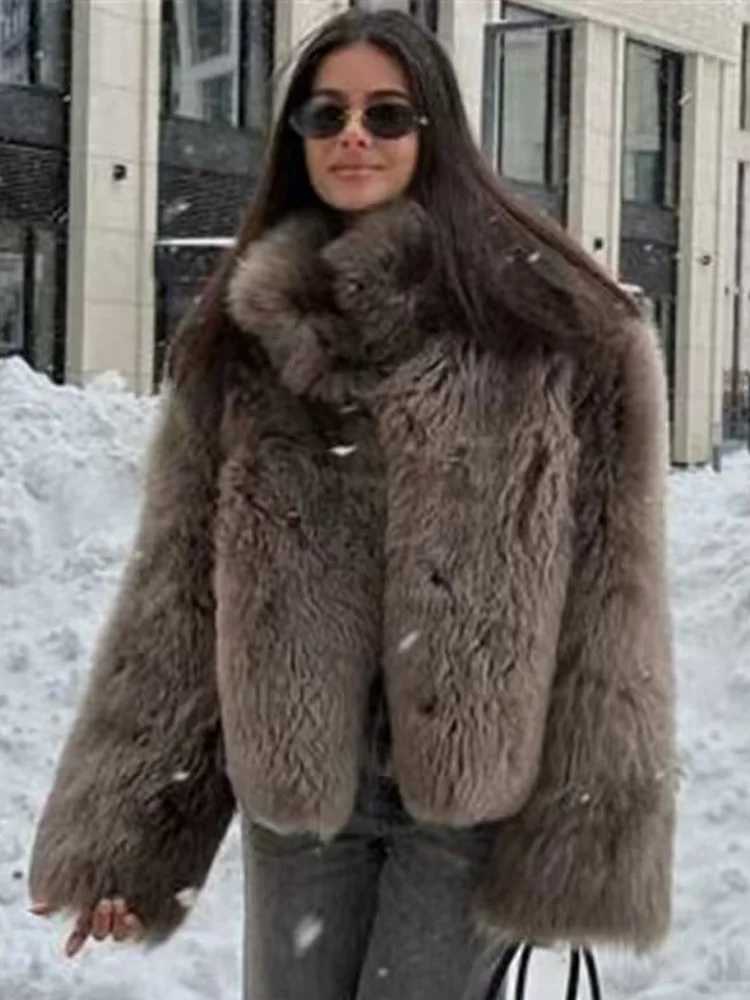 HH Winter Women Elegant Warm Long Slve Single-breasted Faux Fur Effect Jacket Women Stand-up Collar High Strt Short Coat T260829