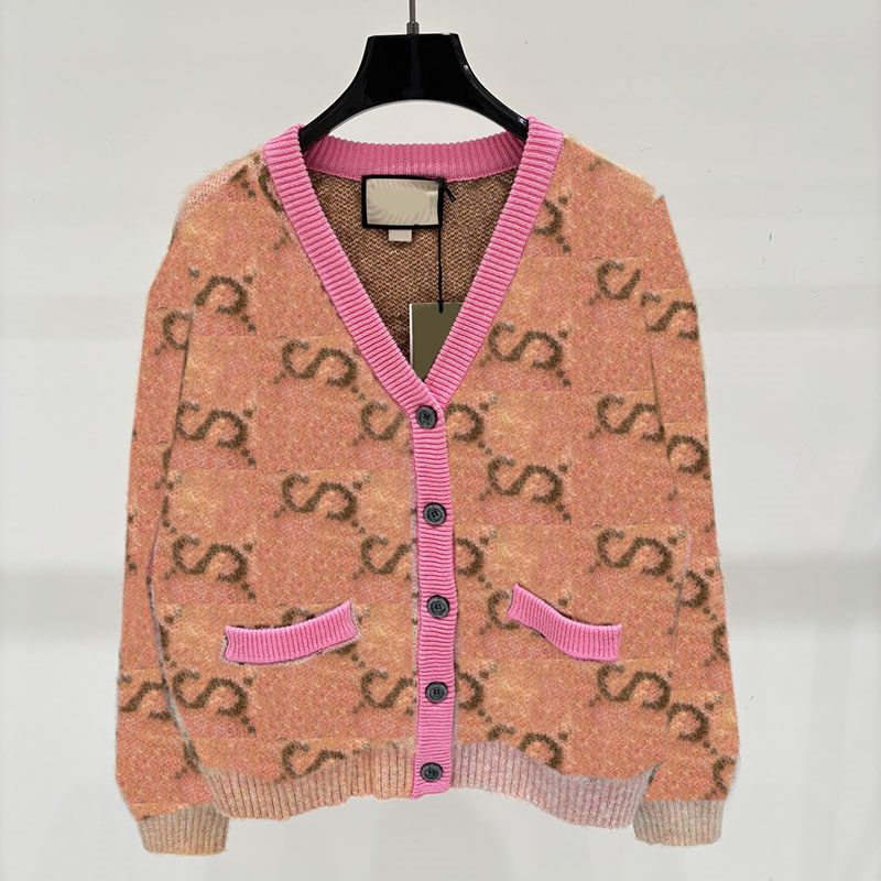 Y2K Gradient Mohair Knit Cardigan Women Luxury Letter Jacquard V Neck Sweater Jacket Autumn Winter Soft Fluffy Knitted Outerwear