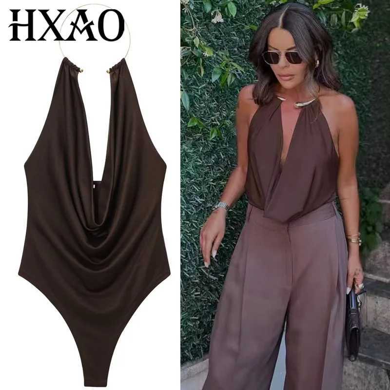 HXAO Brown Halter Bodysuit Women Summer Bodys For Sexy Women Off Shoulder Slveless Thong Bodysuit With Open Back Rave Bodysuit L260921BZPX