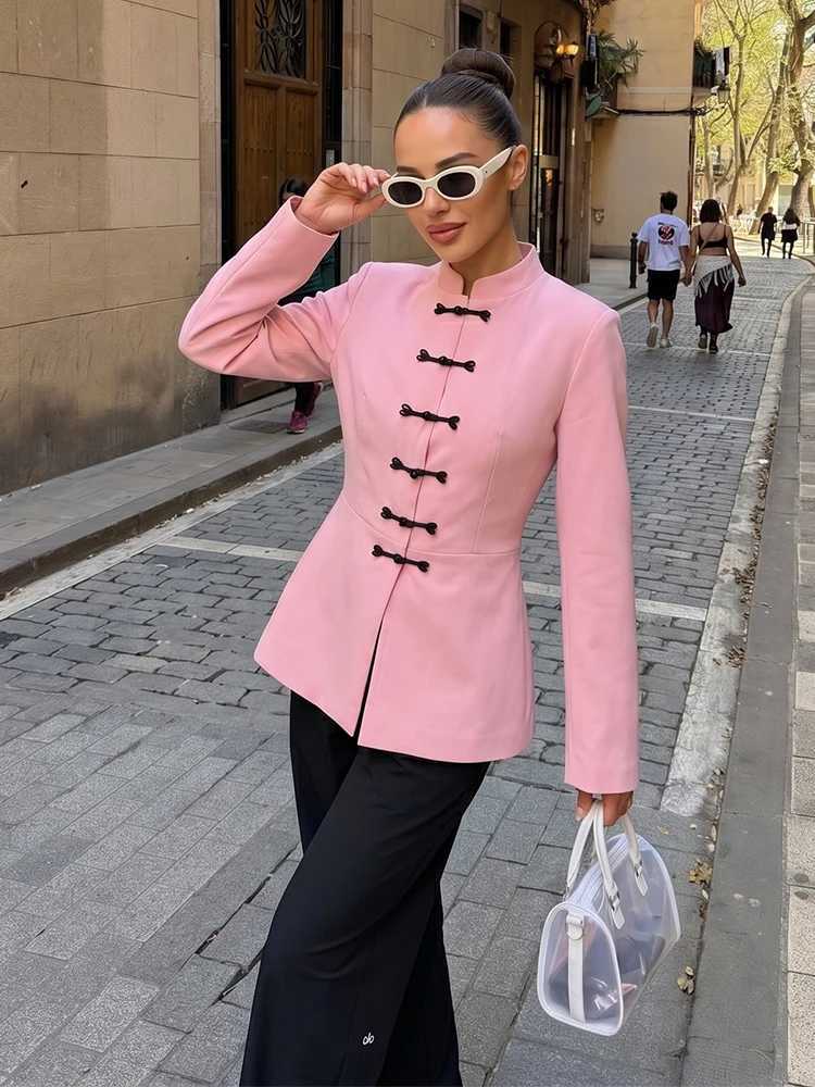 HH Spring Autumn Elegant Women's Chinese Style Slim Jacket 2026 Stand Collar Long Slve Single Breasted Female Office Blazer T260829