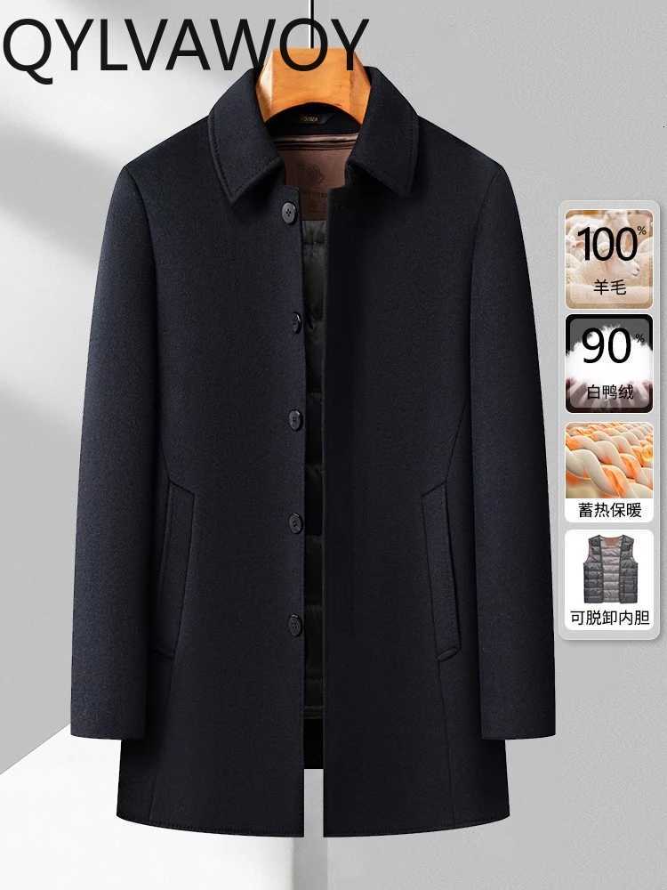 QYLVAWOY Blends Men's Winter 100% Thickened Double Sided Woolen Coat Middle Aged Casual Mid Long Wool Outerwear LJ2081 D260921 e8