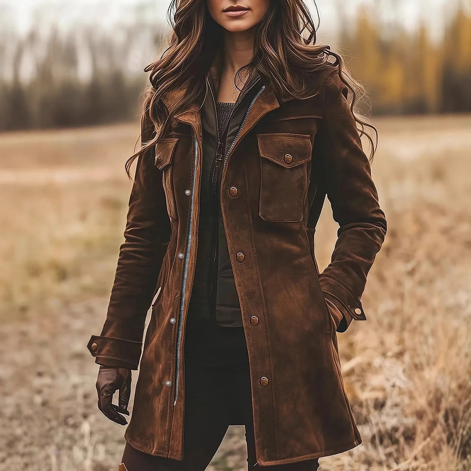 Vintage Brown Suede Coat Women Retro Overcoat Fall Winter Casual Lapel Jacket Warm Long Coats 260920