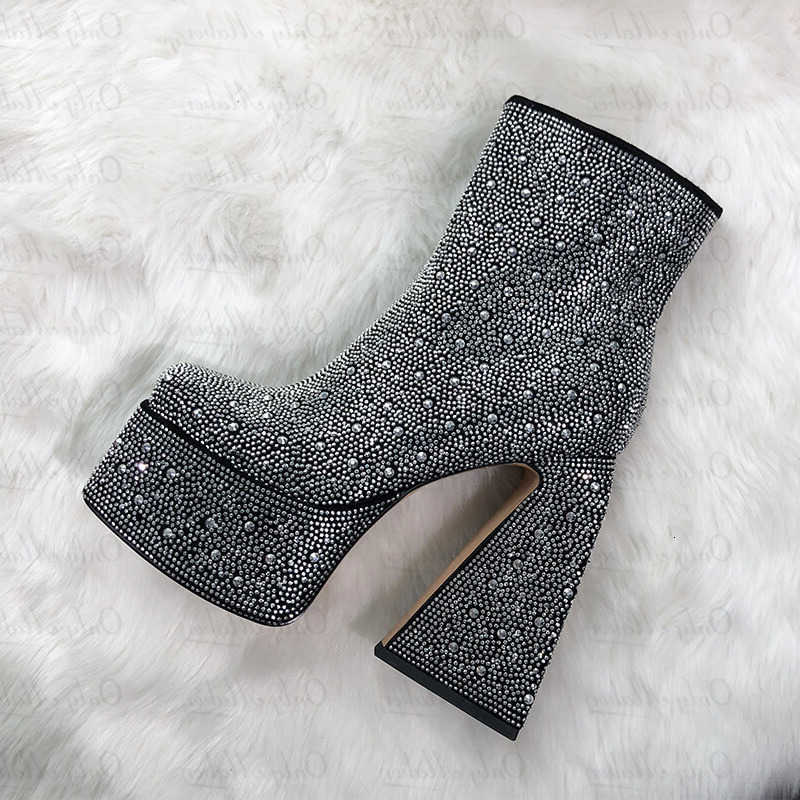 Botas de mujer con diamantes de imitación, botines con plataforma gruesa y punta cuadrada Onlymaker, tacones altos gruesos, botines Punk rosa con cr