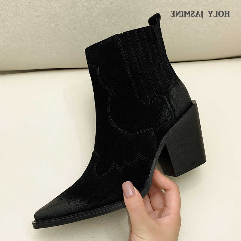 Venta caliente Botas de vaca reales Gamuza de cuero Botines occidentales Mujeres Punta de punta Tacones de gatito Botas cortas Botas de caballero de