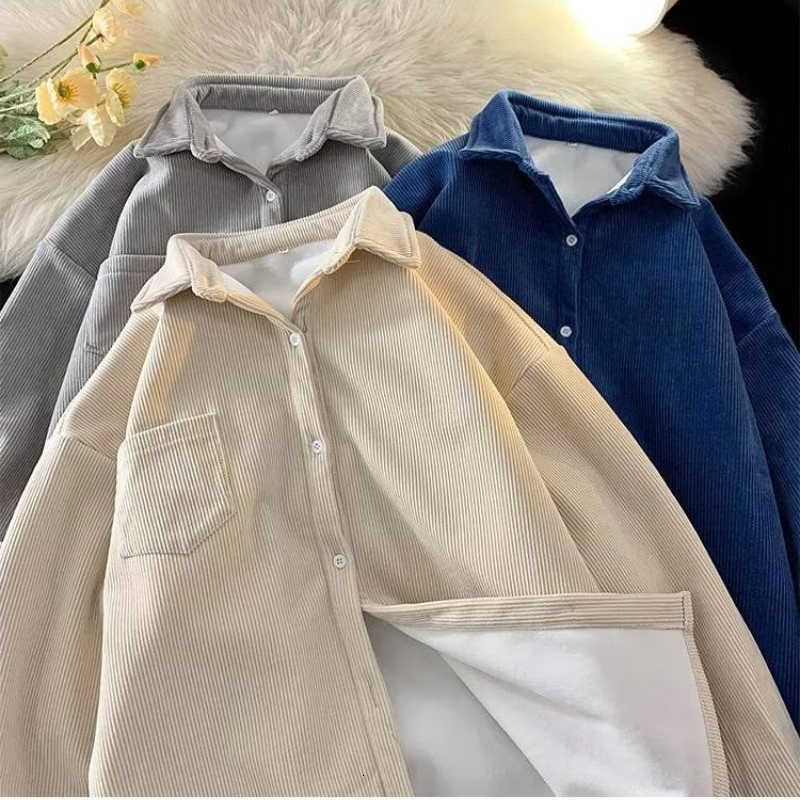 Men Men's Winter Casual Shirts Warm Shirt Corduroy Vintage Thickened Loose Style Single-Breasted Coat Lining Fleece Square Collar Striped Shirt