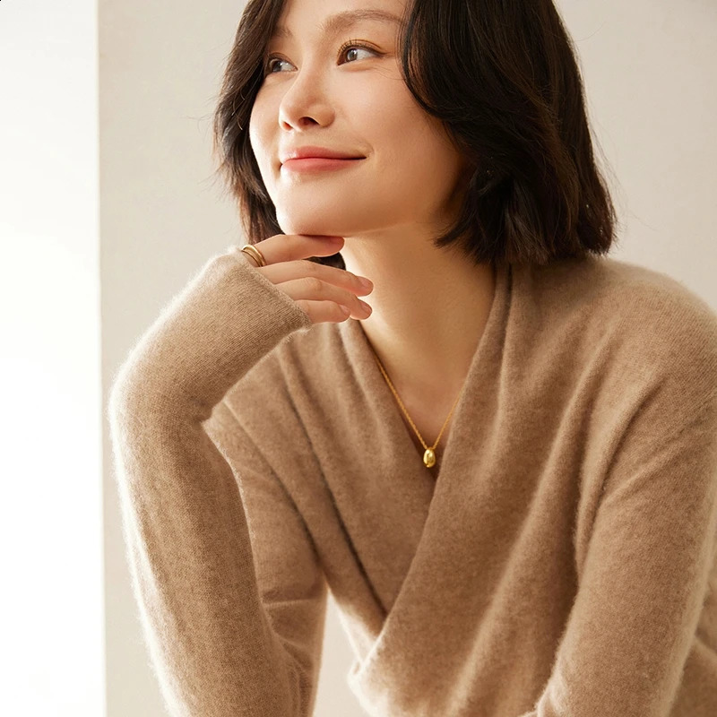 Autumn 100% Pure Cashmere Knitted Sweater Women High Quality V-Neck Pullover Female Winter Fashion Clothes Girls Tops 260918