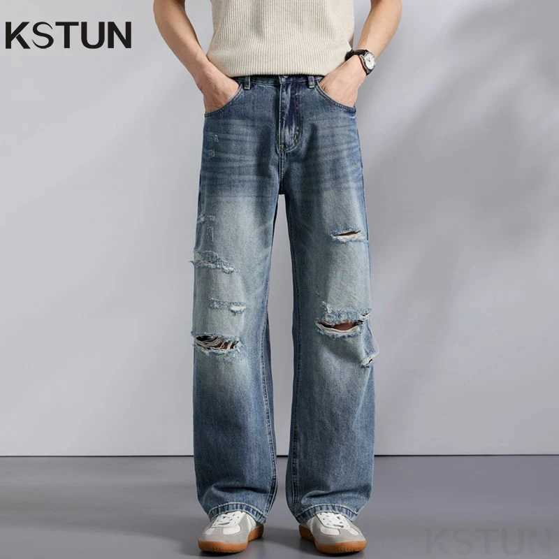 KN 2026 Summer Distressed Jeans For Men Wide-leg Ripped Baggy Pants Loose Straight Vintage Streetwear Hip Hop Motocycle Jeans S260921RIZ9