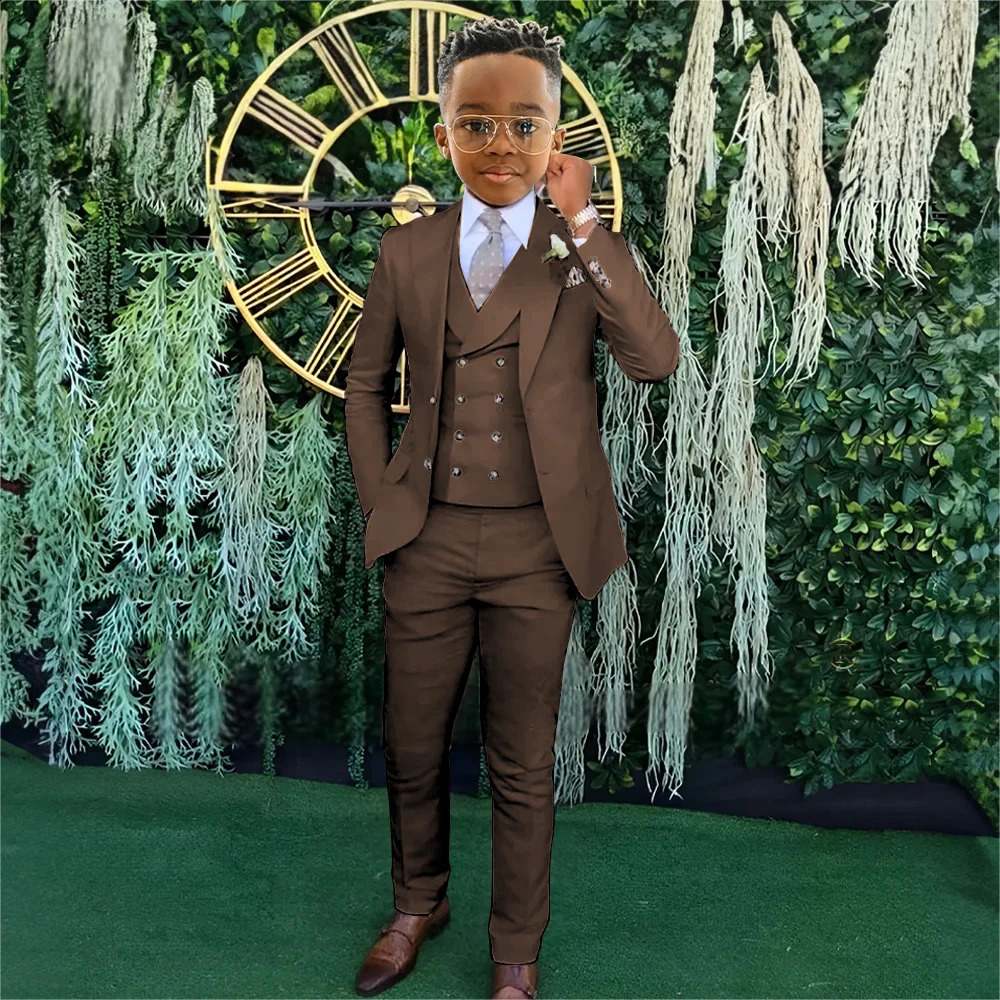 Completo da ragazzo Smoking da matrimonio Giacca marrone Gilet Pantaloni Set da 3 pezzi Abiti formali Festa per feste Giacca per bambini Abito perso