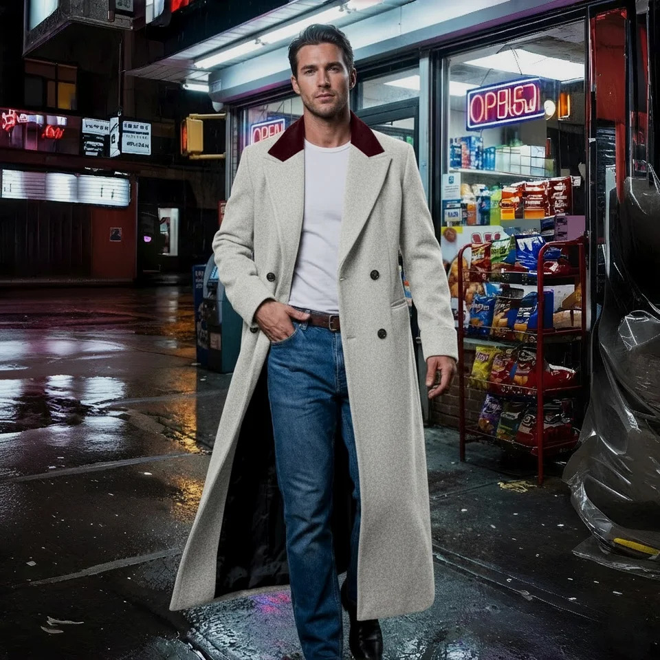 Men's Double Breasted Woolen Blend Overcoat Thickened Warm Lined Trench Style Jacket for Winter Commute 260920