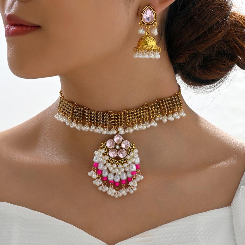 European American fashion, unique simple, sparkling accessories, light luxury elegant pearl two-piece necklace and Jhumka earring set