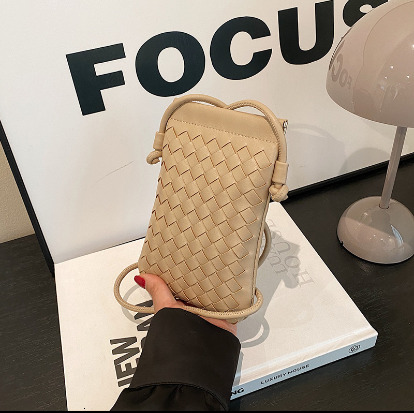 Vintage Hand Woven Cell Phone Purse for Ladies, Thin Strap Vertical Crossbody Bag, Fashion Woven PU Leather Mini Shoulder Handbag 111111