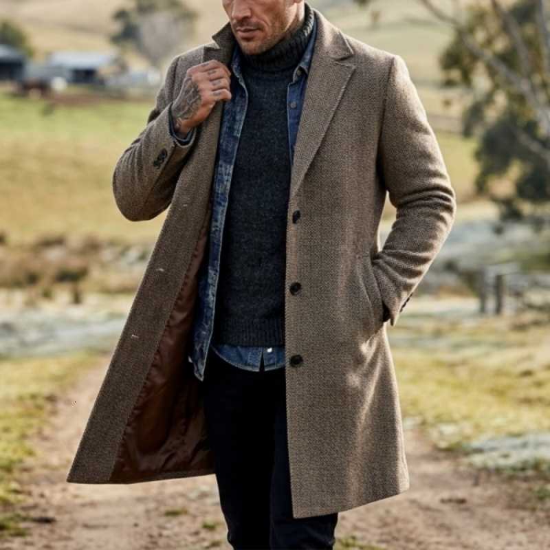 Winter Men's Mens Wool Blends Striped Jacket Single-breasted Contrast-Trimmed Checked Coat Mid-Length Windproof Outdoor Trench Male Outerwear D
