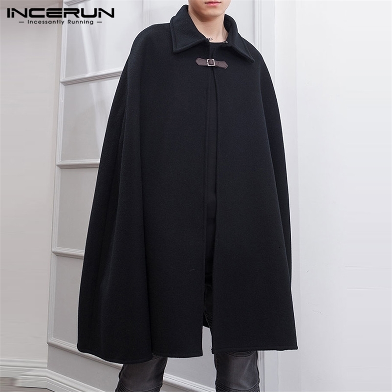 INCERUN Fashion Men Cloak Coats Solid Color One Button Lapel Cape Trench Streetwear Winter Faux Blends Overcoat Men Jackets 260918