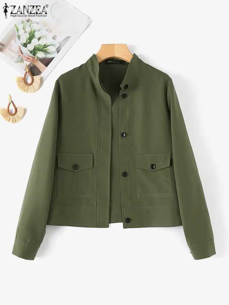 Women's Jackets ZANZEA Fall 2024 Solid Color Cargo Coats Women Button Up Fashion Stand Collar Short Jackets Long Sleeve Work Wear Thin Outwears