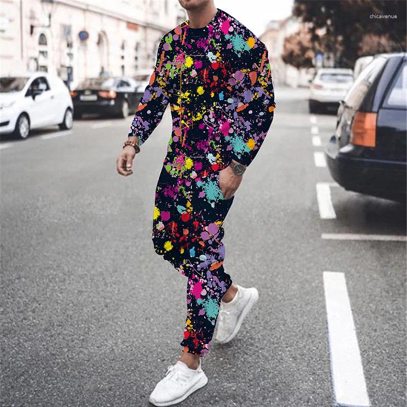 Colorful Graffiti 3D Print Men's Sportswear Set Casual Long-Sleeved T Shirt Pants 2-Piece Oversized Pullover Men Clothing