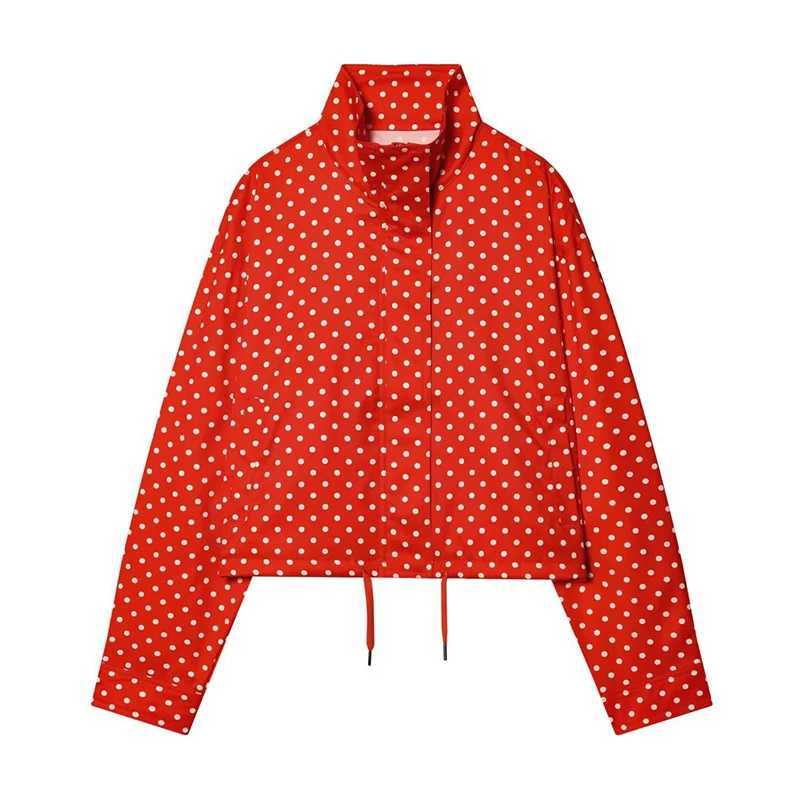 New YENKYE Women's 2026 Jackets Women's Red Polka Dot Cropped Jacket Stand Collar Drawstring Waist Long Sleeve Casual Loose Outerwear C260