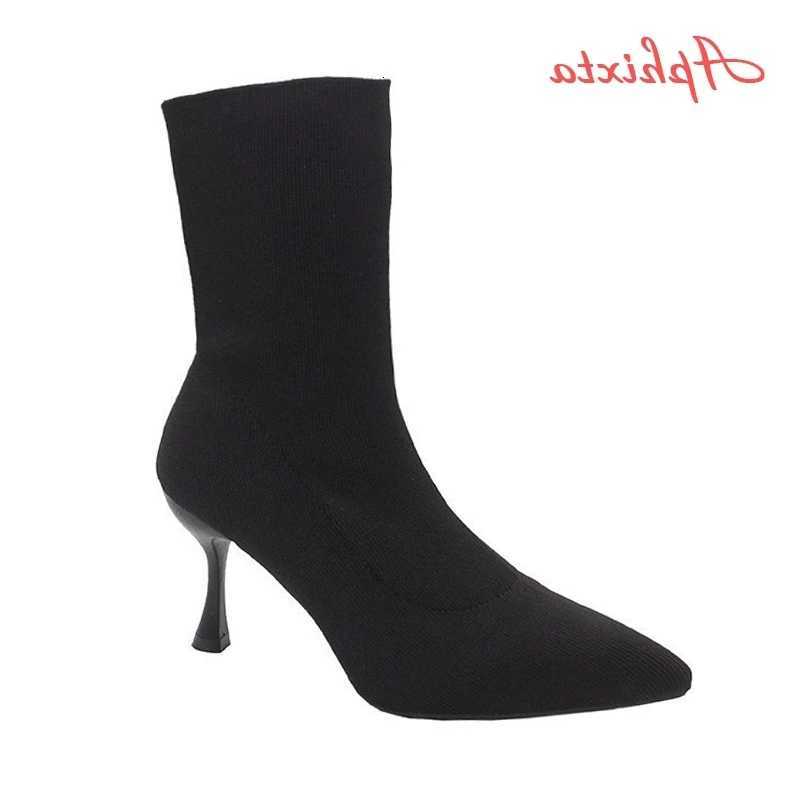 5 cm 9 cm 7 cm Botas Aphixta Calcetines de tela elástica Botas Mujer Zapatos negros Elegante punta estrecha Tejer botines elásticos para mujer H2609