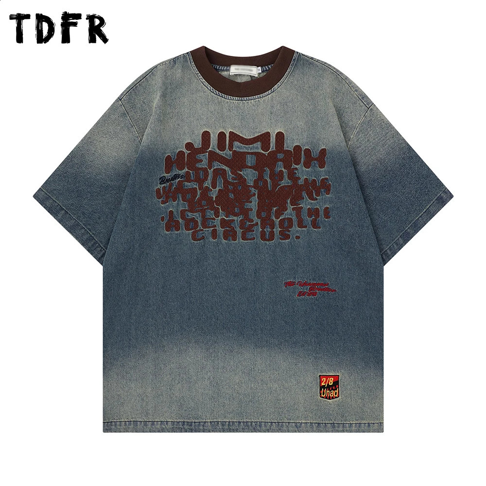 Letter Embroidery Denim Short Sleeve T-shirt Mens Spliced Summer Retro Casual Crew Neck Half-Sleeve Tshirt Man Tee 260918