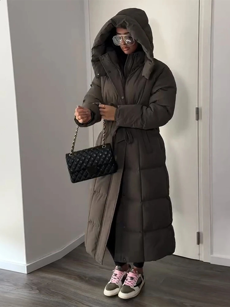 Hooded Lace up Long Jacket Woman Solid Color Zipper Long Sleeve Loose Coats Versatile Warm Minimalist Womens Winter Jackets 260918