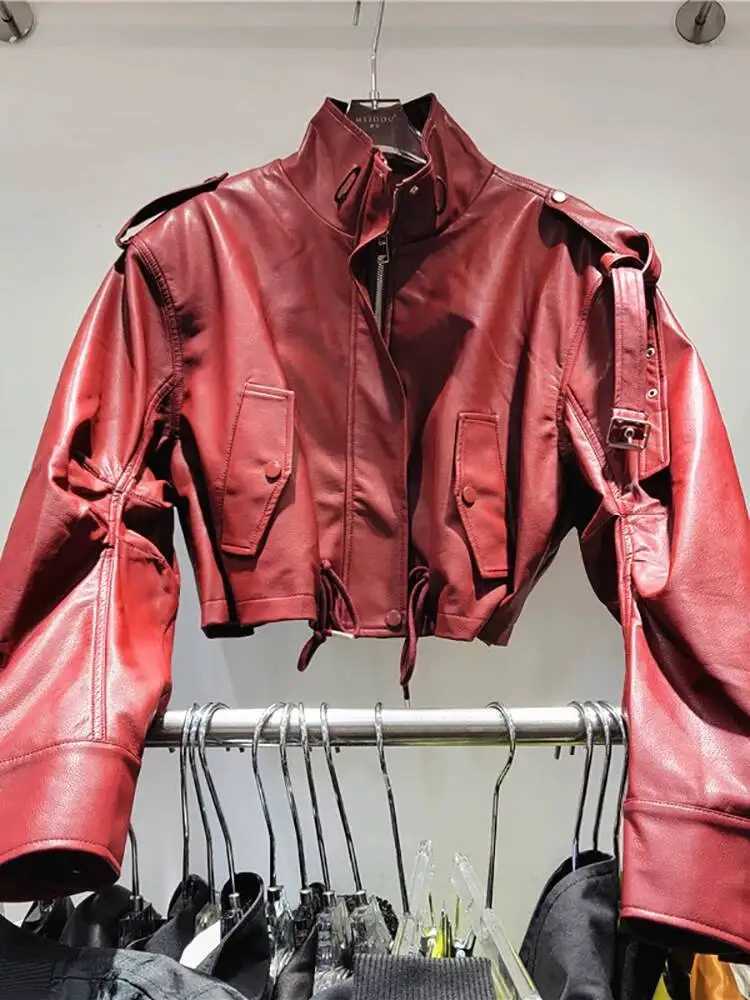 Vintage Women's Jackets 2026 Women Red Faux Leather Cropped Jacket Loose Versatile Outerwear Chic Motorcycle Short Jacket Fashion Ladies Coat C