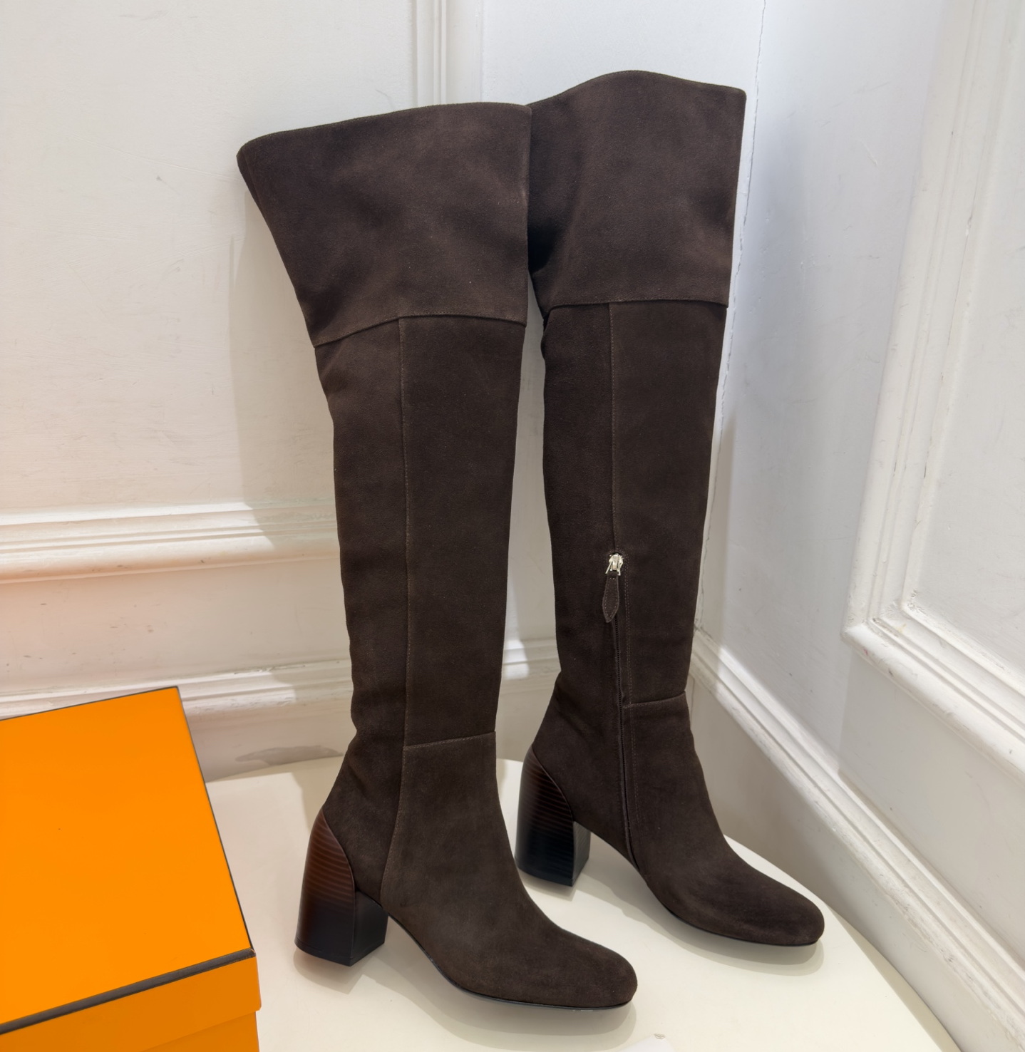Designer Women Dress Shoes Luxury Boots Med Heels Genuine Leather Over The Knee Boots Natural Cow Suede Casual Shoes