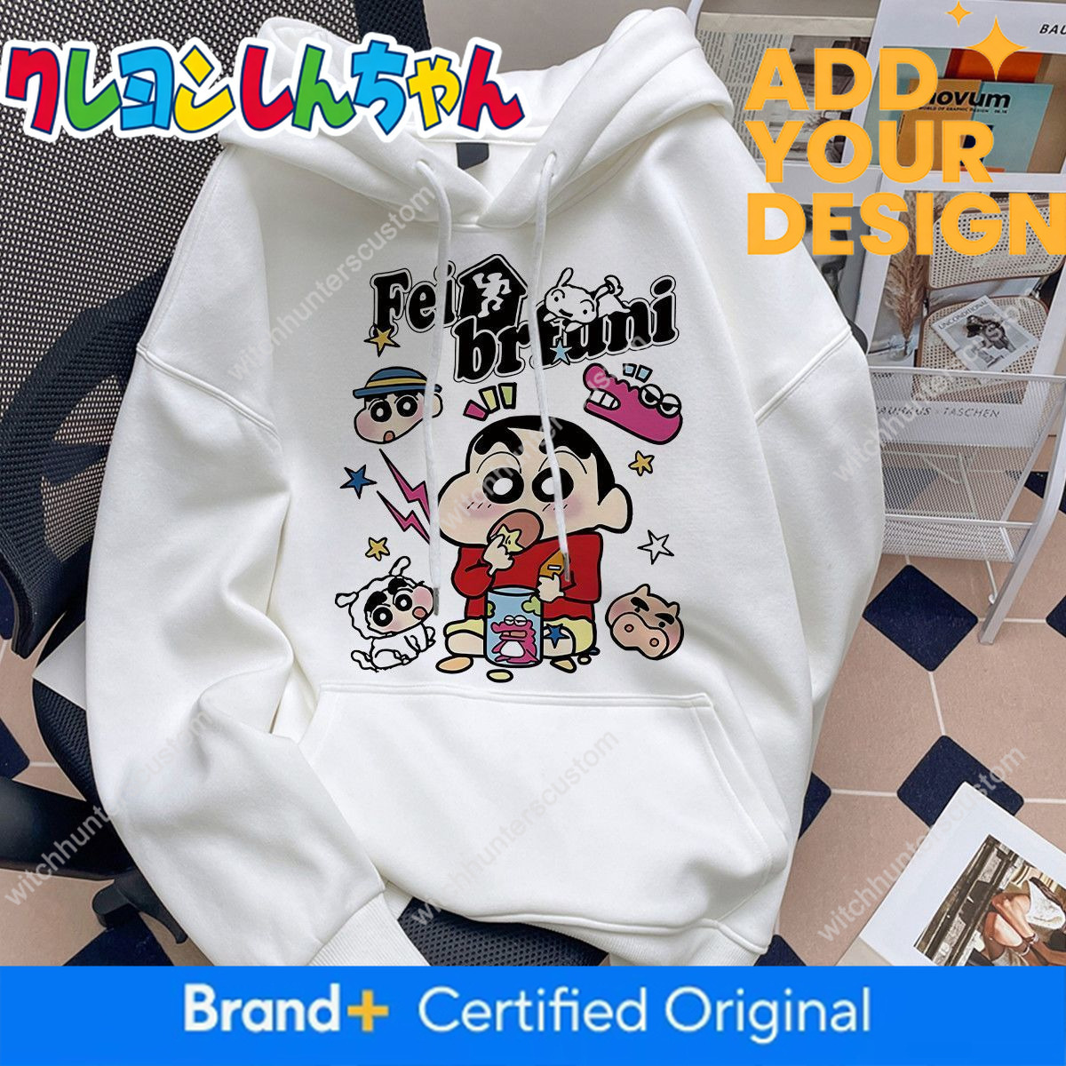 Japanese-style collaboration featuring a Crayon Shin-chan print, unisex hooded sweatshirt, versatile for fall and winter, made with heavyweight silv
