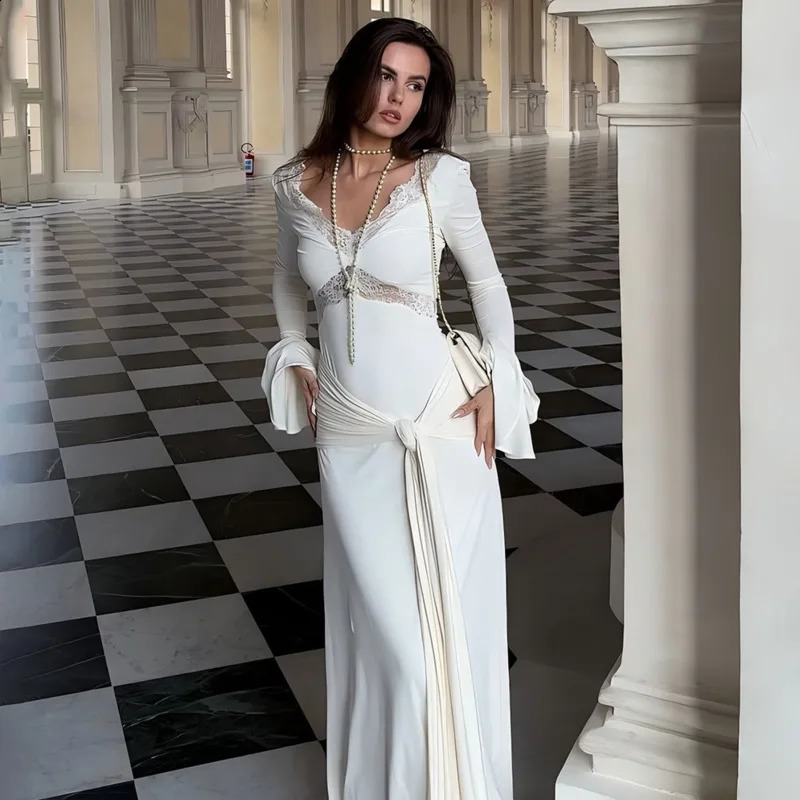 Townlike Ribbon Slim Bodycon Maxi Long Dress Women Autumn Winter Dress V Neck Lace Patchwork Nightclub Sexy Party Dresses 260920