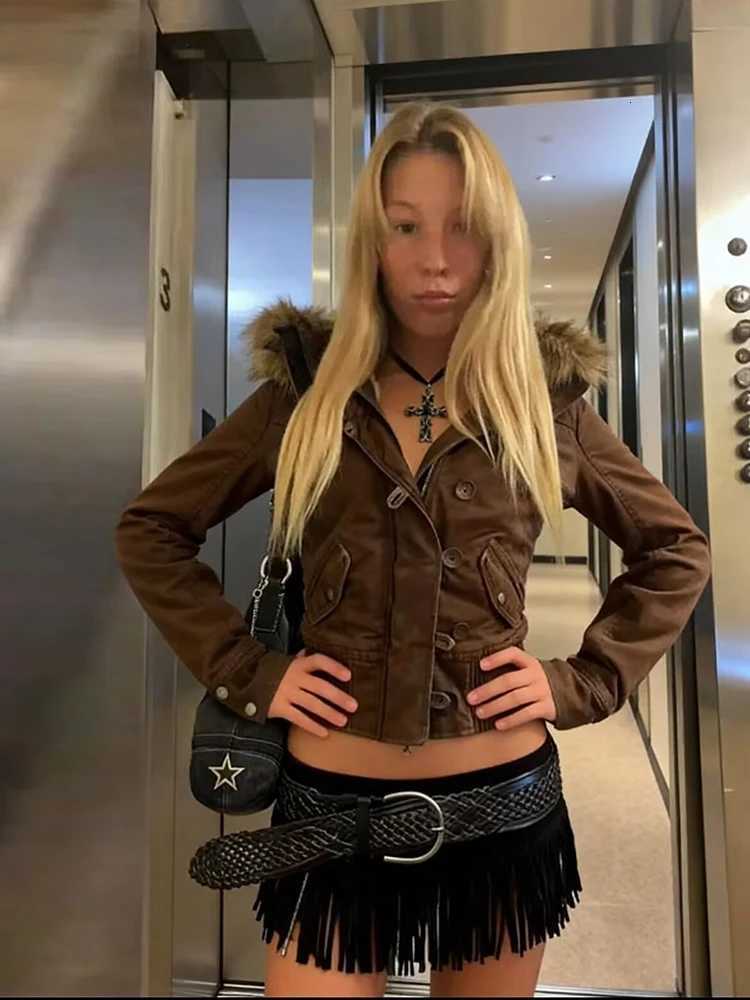Women's Jackets Winter Warm Fur Collar Short Jacket Women 2000s Y2K Fleece Padded Parkas Single Breasted Hood Coats High Street Female Outwears