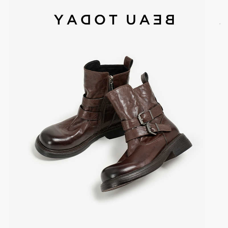 Botas Botines Mujer BEAUTODAY Cuero de vaca Punta redonda Decoración de metal Estilo británico Otoño Zapatos de mujer hechos a mano 03D58 H260921