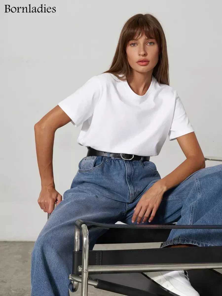 Women's T-Shirt Bornladies Summer 00% Cotton Women's T-shirt Bottoming Basic Fashionable Solid Lady Short Sleeve Loose Tops Shirts 230g/ T